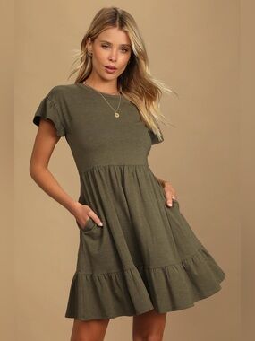 Olive Green Tiered Babydoll Dress